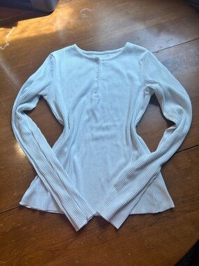 Ribbed Long-Sleeve Henley Top - White